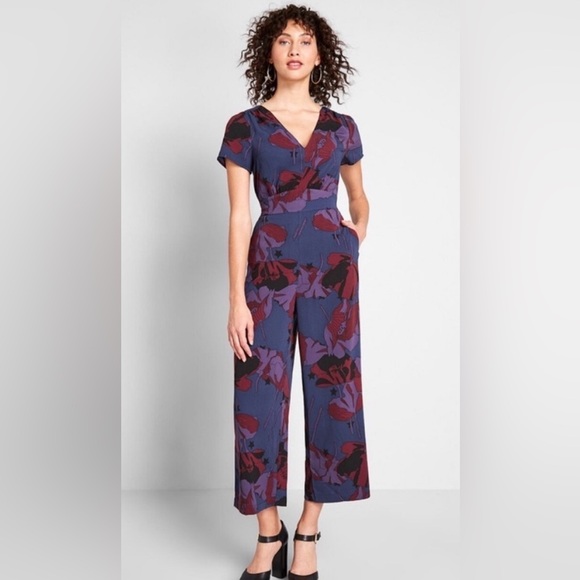 Modcloth Pants - Modcloth Blue and Purple Floral Wide-Leg Jumpsuit